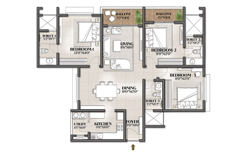 The Prestige City 3 BHK Floorplan